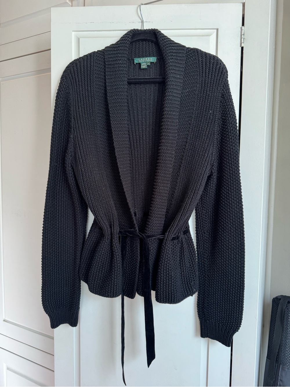 Vintage Ralph Lauren Black Shawl-Collar Velvet Tie-Waist Cardigan 100% Cotton